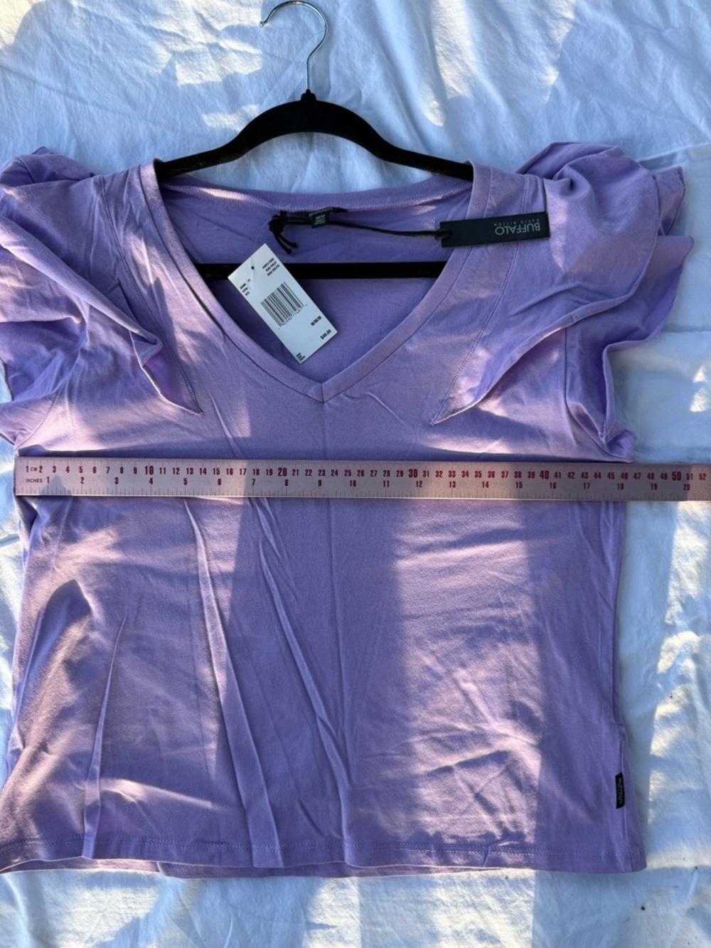 Buffalo David Bitton Lilac Ruffle Sleeve V-Neck Tee - Picture 4 of 9